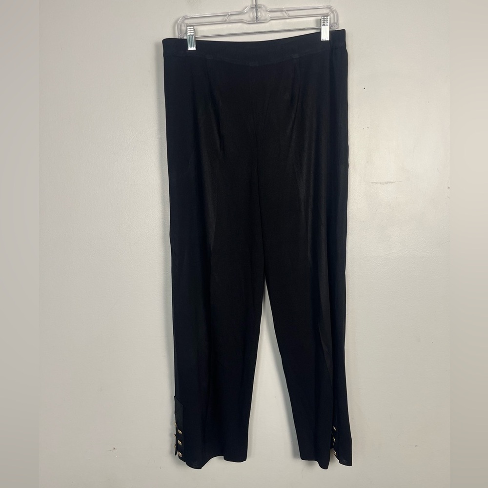 Exclusively Misook Womens L Black Knit Ankle Pant Pull On Wide Leg Split Hem